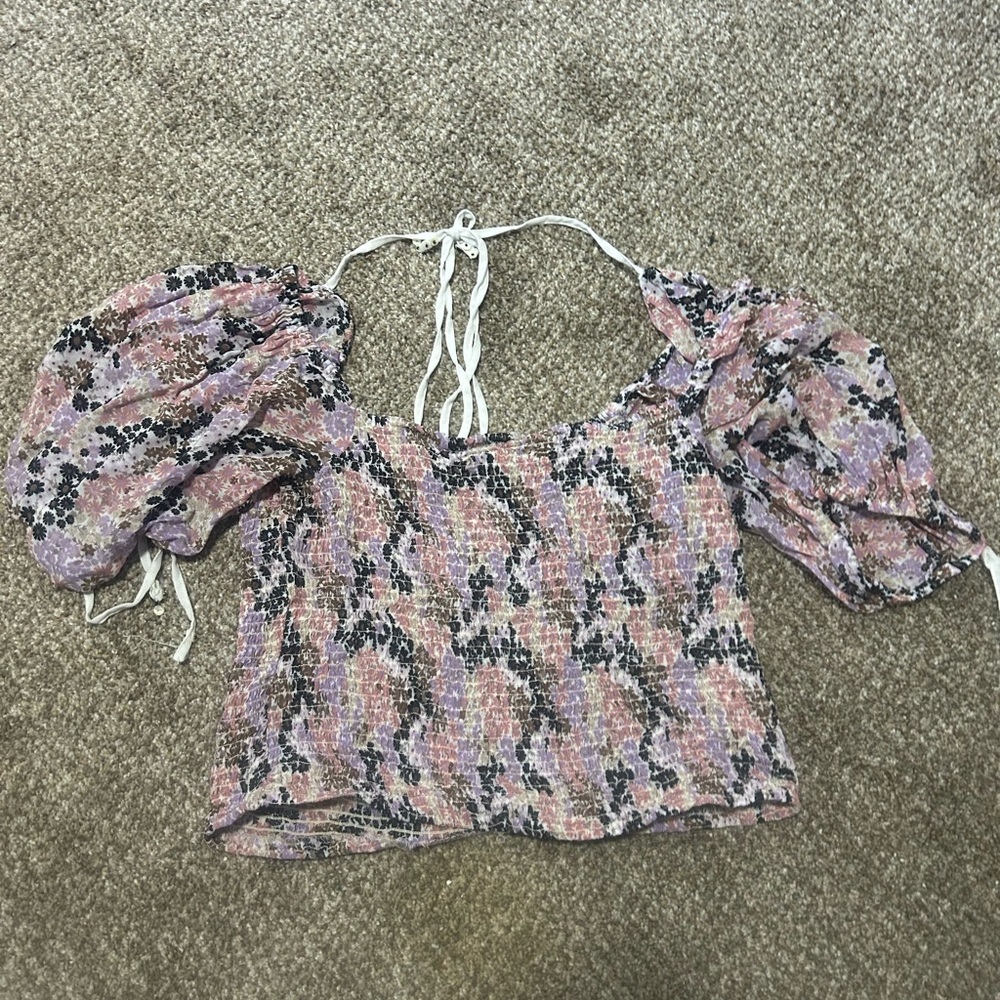 Free People Pink and Purple Floral Puff Sleeve Blouse